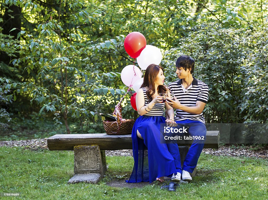 Young Lovers sharing red wine Horizontal photo of young adult couple sitting on log bench with glasses filled with red wine being held in their hands with balloons, green grass and trees in background Adult Stock Photo