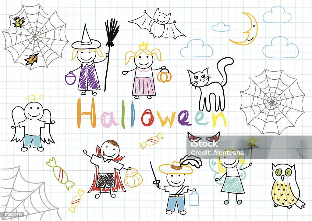 Vector sketches with happy children's Halloween. Vector sketches happy children's. Sketch on notebook page Child stock vector