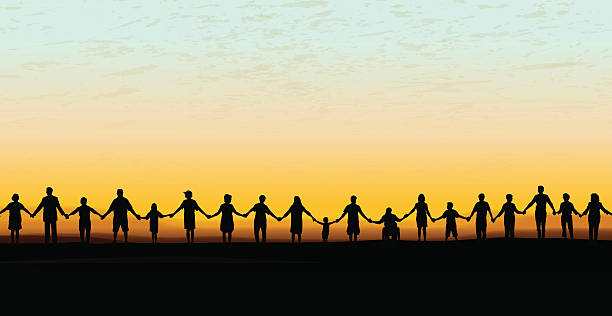 쥠 hands-공통사항 지역사회일원 해질녘까지 배경기술 - people in a row group of people in a row togetherness stock illustrations