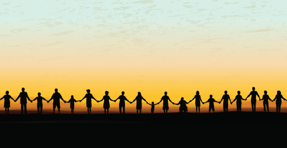 Tight graphic silhouette background of a line of people holding hands. Holding Hands - United Community Sunset Background. Check out my “Holding Hands” light box for more.