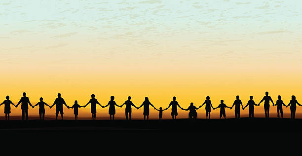Holding Hands - United Community Sunset Background Tight graphic silhouette background of a line of people holding hands. Holding Hands - United Community Sunset Background. Check out my “Holding Hands” light box for more. kids holding hands stock illustrations