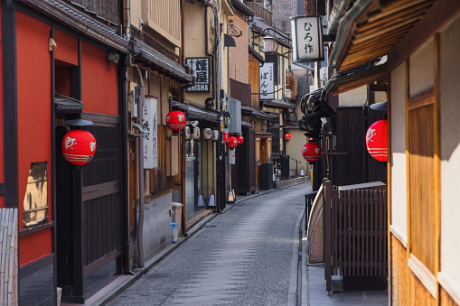 Kyoto, Japan - April 17, 2023: view of the Ponto-cho district in the early morning. It is a hanamachi district in Kyoto, Japan, known for its geisha and maiko culture