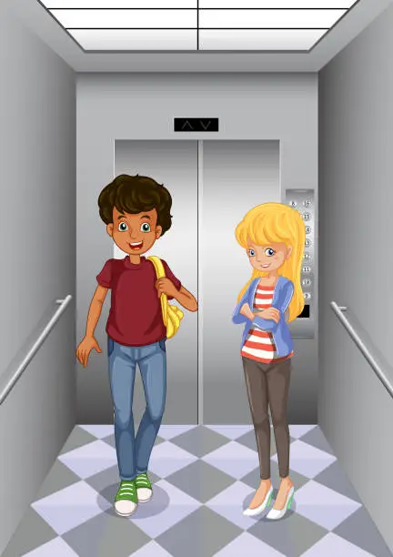 Vector illustration of Two teenagers at the elevator