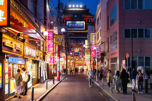 Yokohama, Japan - April 12, 2023: colorful street in Yokohama Chinatown at night. It is the largest Chinatown in Japan