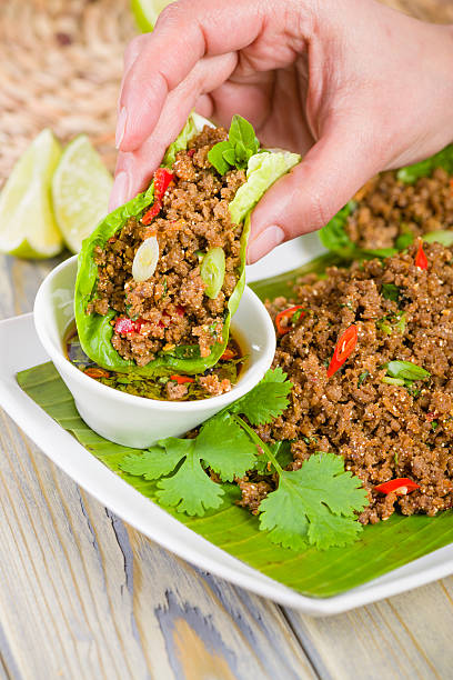larb -ລາບ/ลาบ - banana leaf food thailand thai culture ストックフォトと画像