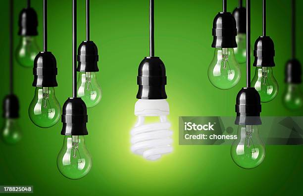 Eco Concept With Light Bulbs On A Green Background Stock Photo - Download Image Now - Cable, Concepts, Concepts & Topics
