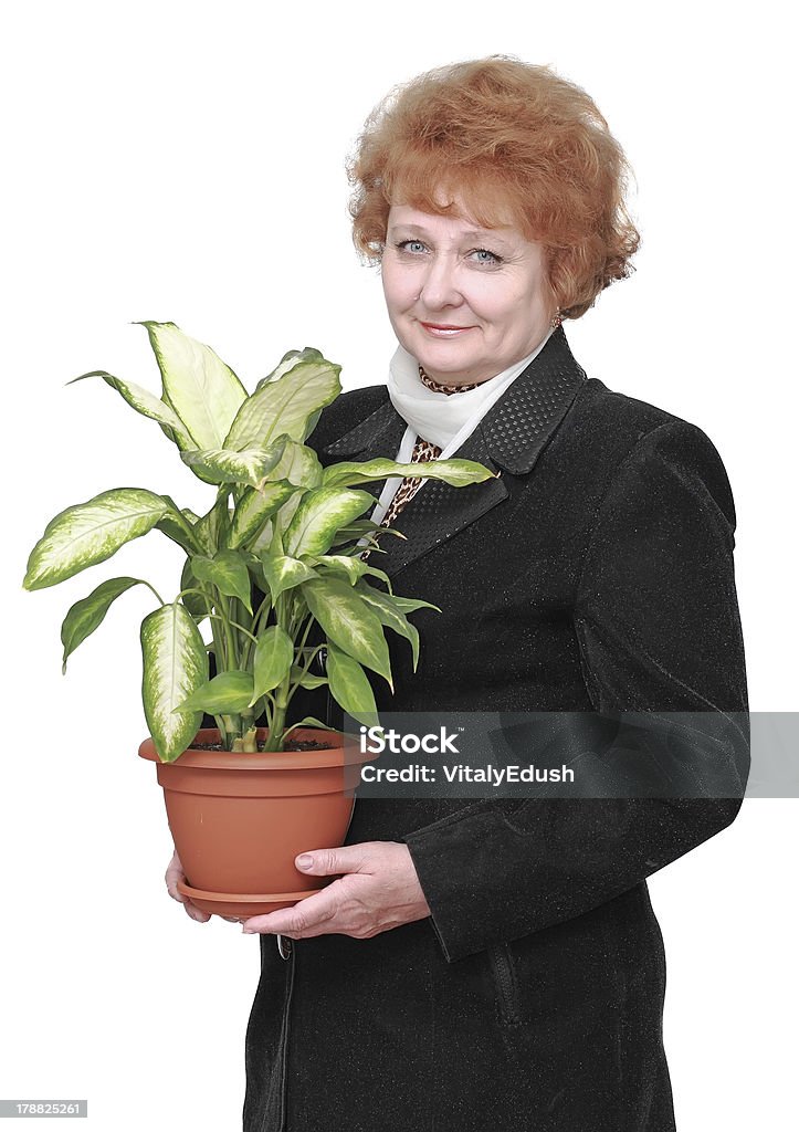 フレンドリーなシニア女性の植物、花を添えます。 - カットアウトのロイヤリティフリーストックフォト