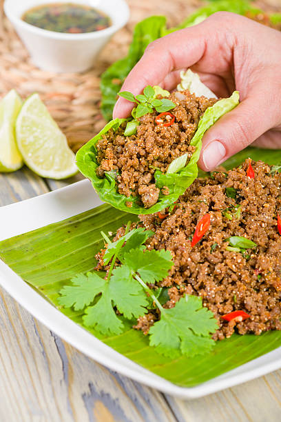 larb -ລາບ/ลาบ - banana leaf food thailand thai culture ストックフォトと画像