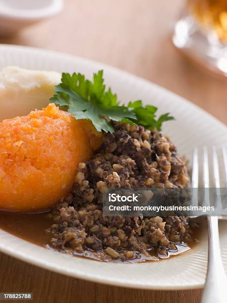 Plate Of Haggis Neeps And Tatties Stock Photo - Download Image Now - Haggis, Alcohol - Drink, Animal Digestive System