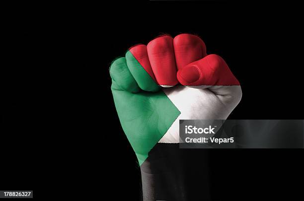 Fist Painted In Colors Of Sudan Flag Stock Photo - Download Image Now - Aggression, Facial Expression, Fan - Enthusiast