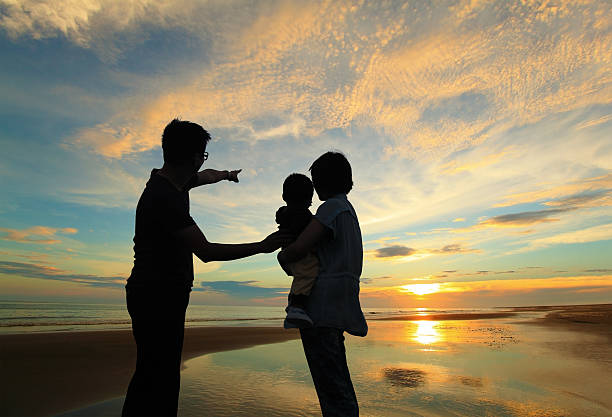 silhouette of family watching the sunrise on the beachModel: