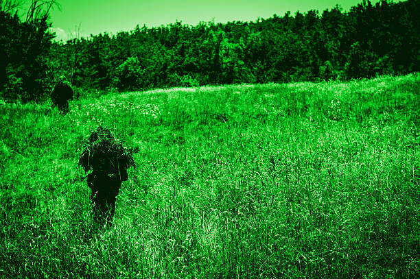 Infrared Night Shot of Sniper and Spotter Soldiers Patrolling stock photo