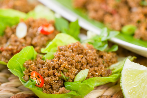 Lao minced beef salad with fish sauce, lime juice, roasted ground rice and fresh herbs. Taste of Southeast Asia!