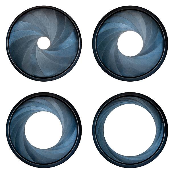 camera shutter aperture blades Isolated camera shutters set. Open and closed blades. Front view. aperture stock pictures, royalty-free photos & images