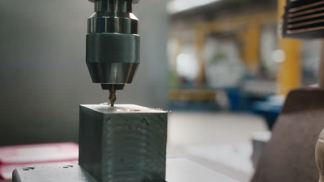 A short drill bit working on a block of metal in a car production factory