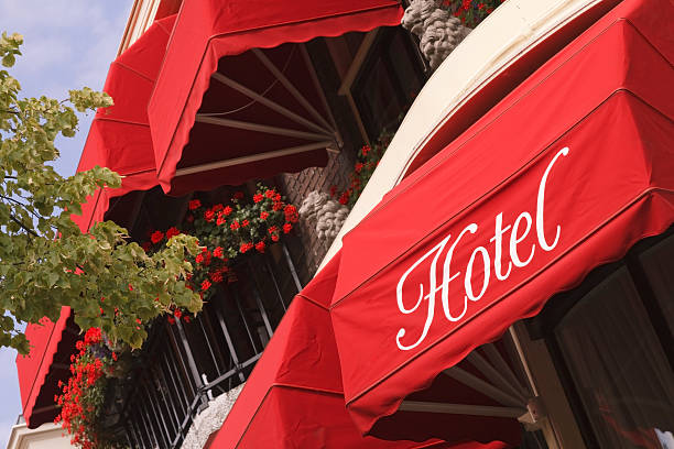 Bright red hotel awnings stock photo