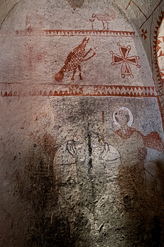 Göreme, Cappadocia, Turkey - October 19, 2022:    St. Barbara's Chapel at Göreme Open Air Museum.  Rock-cut architecture.