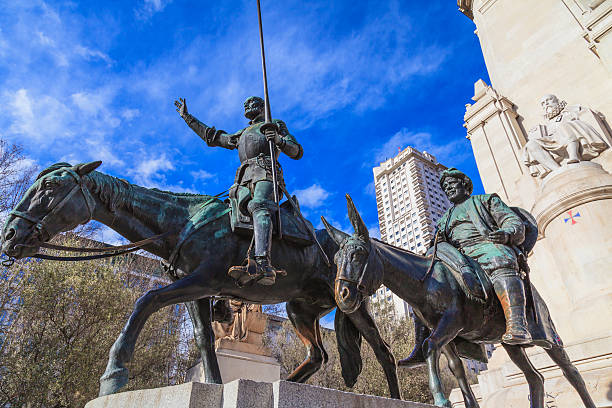 Don Quixote and Sancho Panza monument with Cervantes stock photo