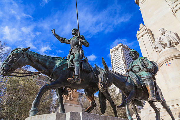 don quixote and sancho panza monument with cervantes - sancho stok fotoğraflar ve resimler