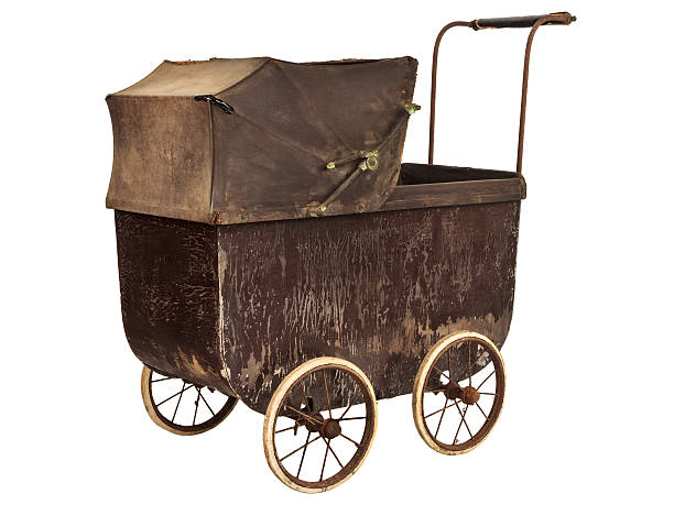 Nineteenth Century brown baby pram isolated on a white background