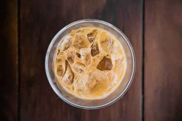 Photo of Ice coffee top view on wood background