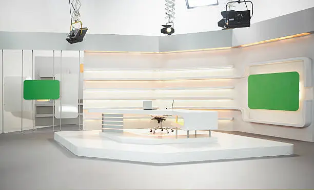 Professional modern television set for news with studio equipment