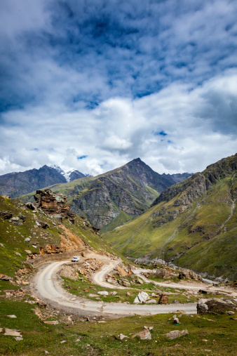 Road in Himalayas. Rohtang La pass, Lahaul valley, Himachal Pradesh, India