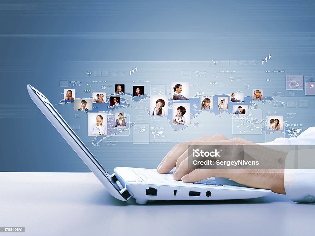 Computer keyboard and social media images Computer keyboard and multiple social media images Backgrounds Stock Photo