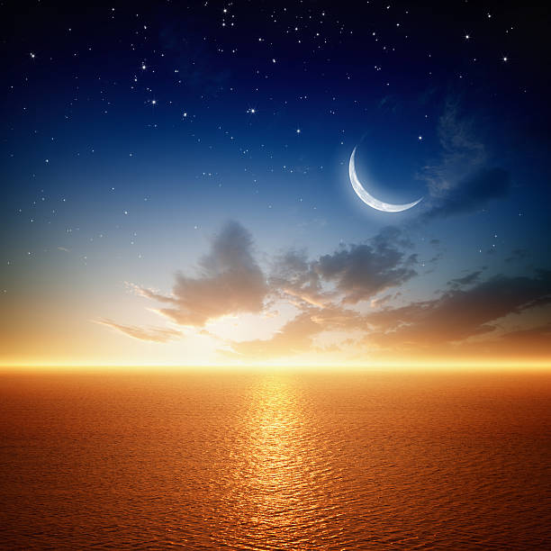 istock Panoramic view of beautiful sunset over ocean with moon 178841292