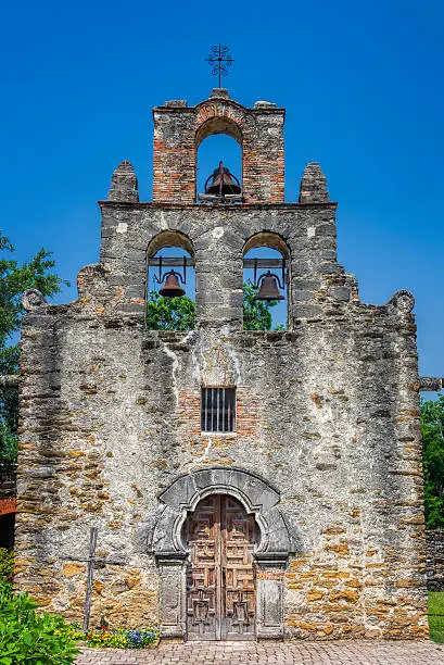 Exterior view of Mission Espada chapel in San Antonio, TX