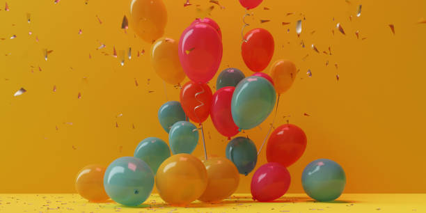 istock Birthday party balloons with confetti in the copy space background, 3d rendering 1788437743