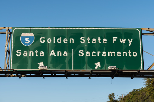 View of Interstate 5 Golden State Freeway sign to Santa Ana or Sacramento in Los Angeles California.