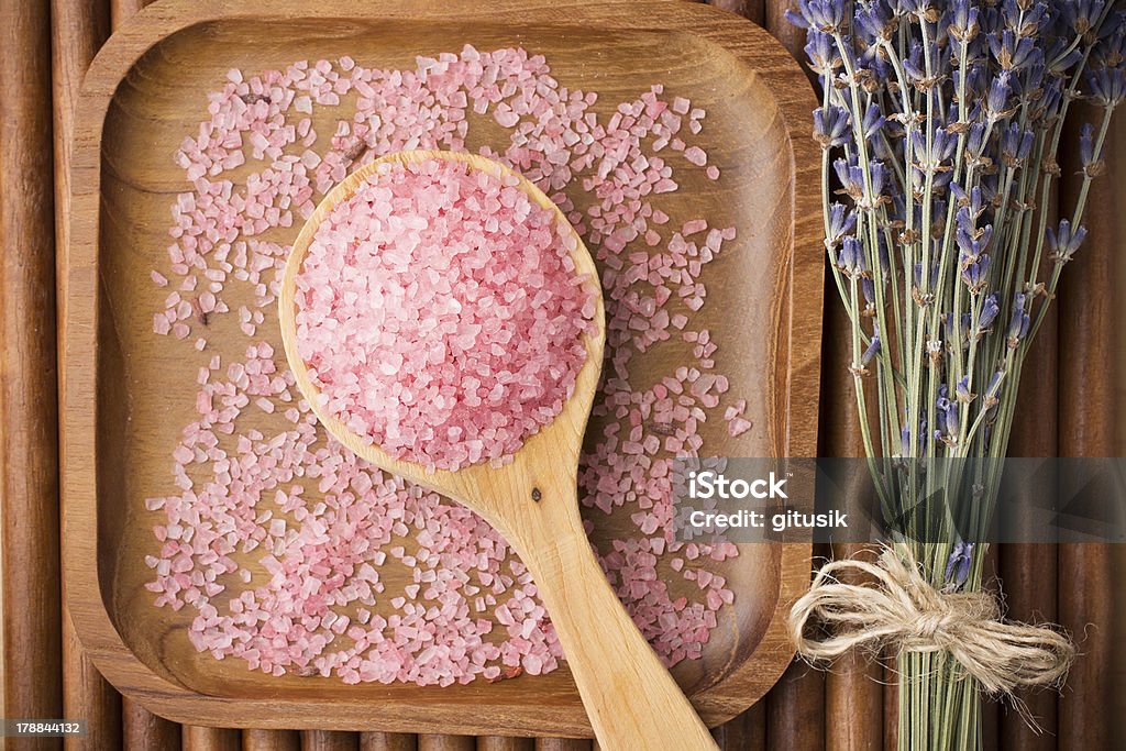 Lavender. Dry lavender flower sea salt. Aromatherapy Stock Photo