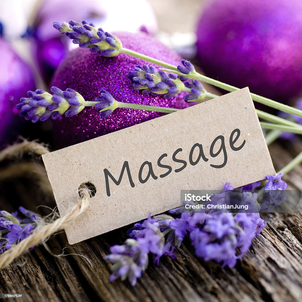 Label, Massage Fresh lavender and label with text: Massage Health Spa Stock Photo