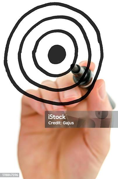Male Hand Drawing Target On White Board Stock Photo - Download Image Now - Drawing - Activity, Sports Target, Whiteboard - Visual Aid