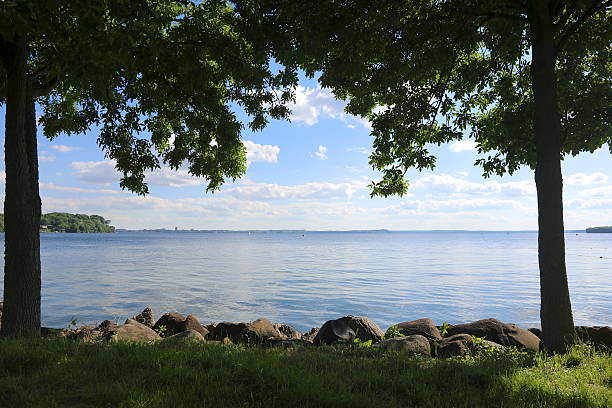 istock Clear calm lake framed by trees at dusk 178850418
