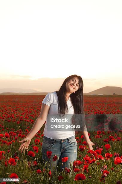 Giovane Bellezza In Campo Di Papaveri Al Tramonto - Fotografie stock e altre immagini di 20-24 anni - 20-24 anni, Adulto, Ambientazione esterna