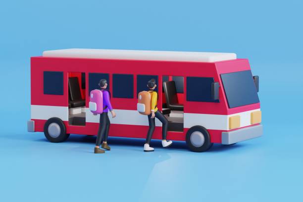 menschen, die in den bus einsteigen 3d-illustration. menschen stehen in der schlange und warten darauf, in einen bus zu steigen.3d illustration - aerial passenger line stock-fotos und bilder