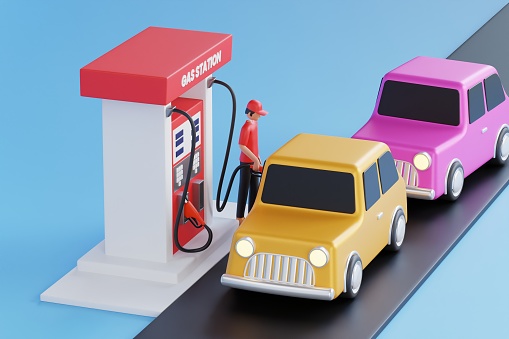 Cars Queued Up At The Gas Station 3D Illustration. Car at gas station being filled with fuel