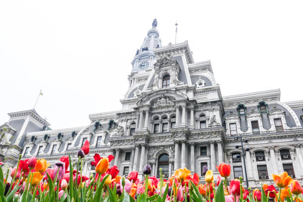 View of City Hall in center city Philadelphia. Tulips blooming.