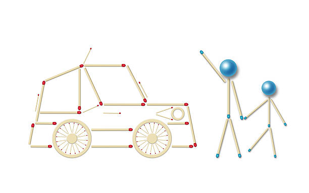 little car and little men assembled of red and blue matches, a parent holding hand of his child while crossing the road