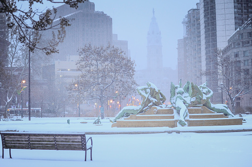 Midtown Manhattan street after huge snowfall in New York City.  Grand Army Plaza and Fifth avenue after New York Gets Its First Major Snow storm of the Season.