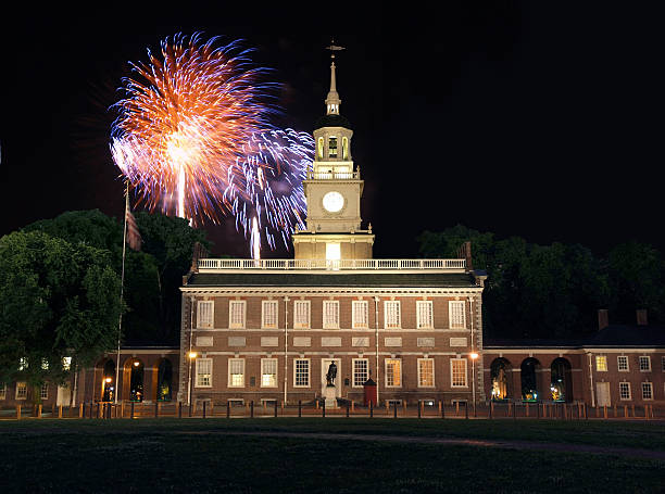 Independence Hall Fireworks Fireworks at Independence Hall National Historic Park in Philadelphia. independence hall night stock pictures, royalty-free photos & images