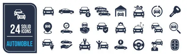 Vector illustration of Automobile solid icons collection. Containing car dealer, keyless, garage, electrical vehicle etc icons. For website marketing design, logo, app, template, ui, etc. Vector illustration.