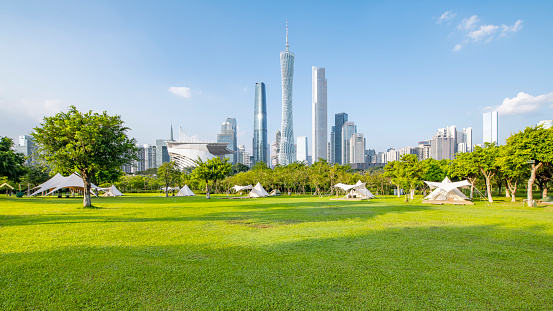 Urban Architecture and Park Camping Grassland in Guangzhou, China