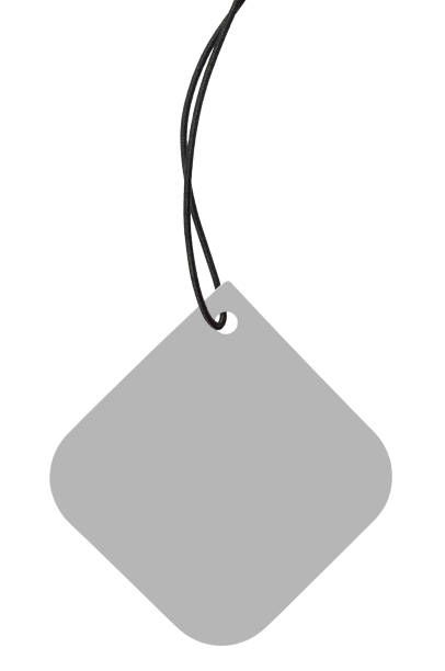 Blank Grey Cardboard Sale Tag And Black String, Empty Square Price Label Background, Vertical Isolated Detailed Hanging Gray Badge Copy Space Macro Closeup, Large Rounded Corners