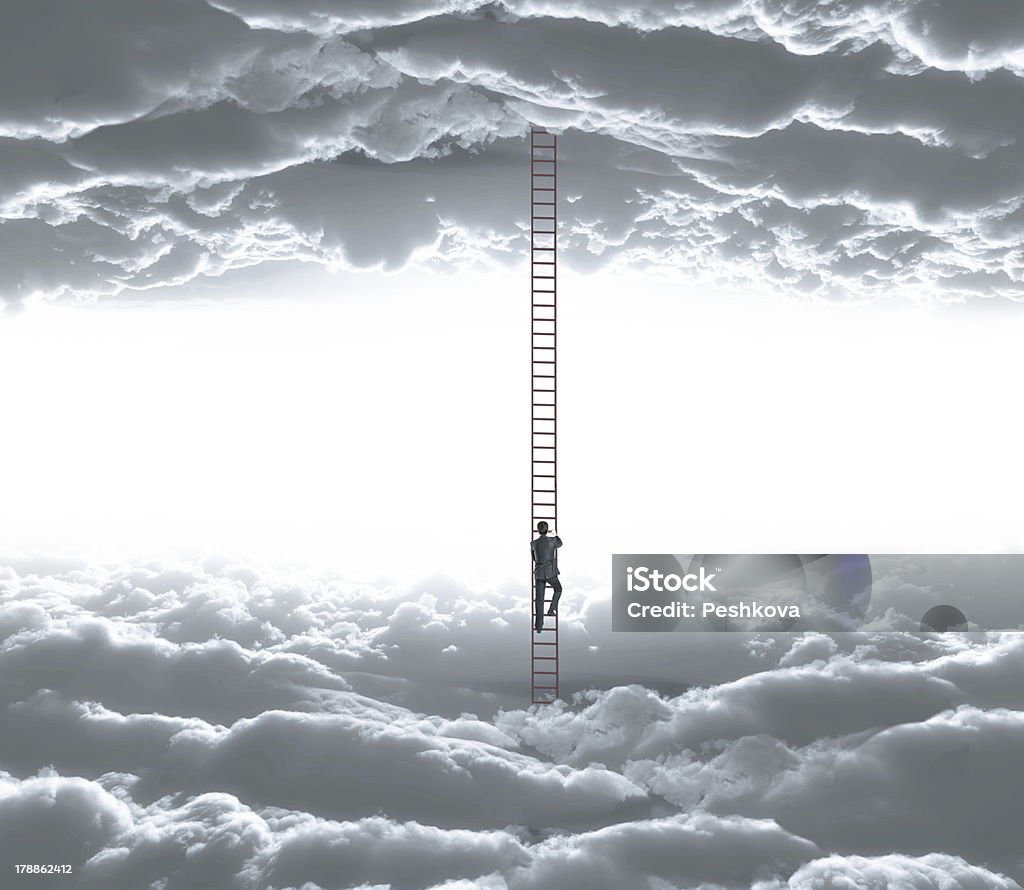 man climbing businessman climbing o ledder from cloud to cloud Adult Stock Photo