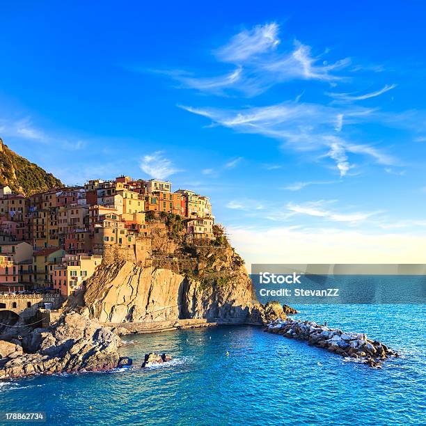 Manarola Village Rocks And Sea At Sunset Cinque Terre Italy Stock Photo - Download Image Now