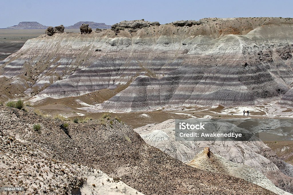 Petrified Forest Explorers Two tiny, distant hikers explore the magnificently striated PetrifiedForest National Park Ancient Stock Photo