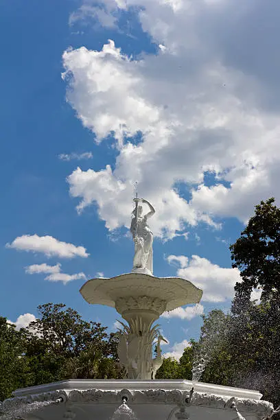 A closeup shot of the fountainhead of the large fountatin located in Forsyth Park in historic Savannah, Georgia.